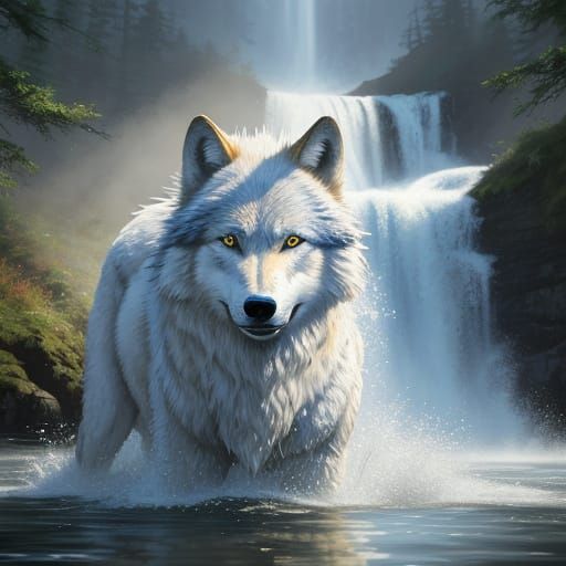 Wolf in Warm Golden Light with Waterfall
