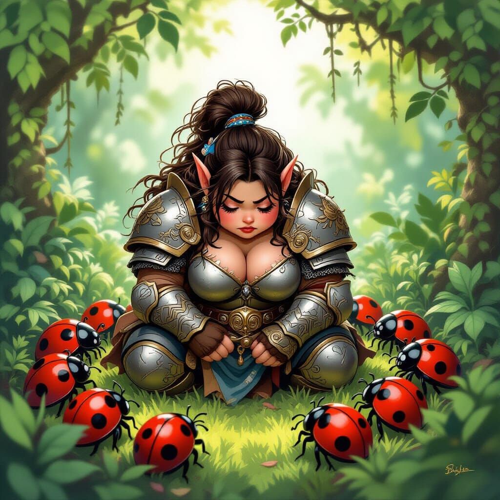 Dwarf Warrior Cowers in Ladybug Circle: Ethereal Fantasy Art