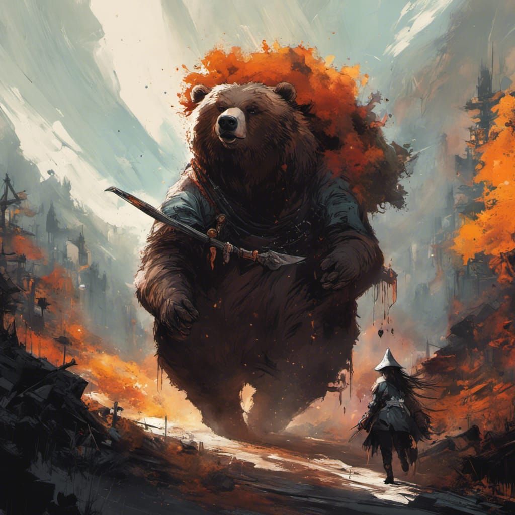 Chibi Witch Rides Giant Grizzly in Digital Art