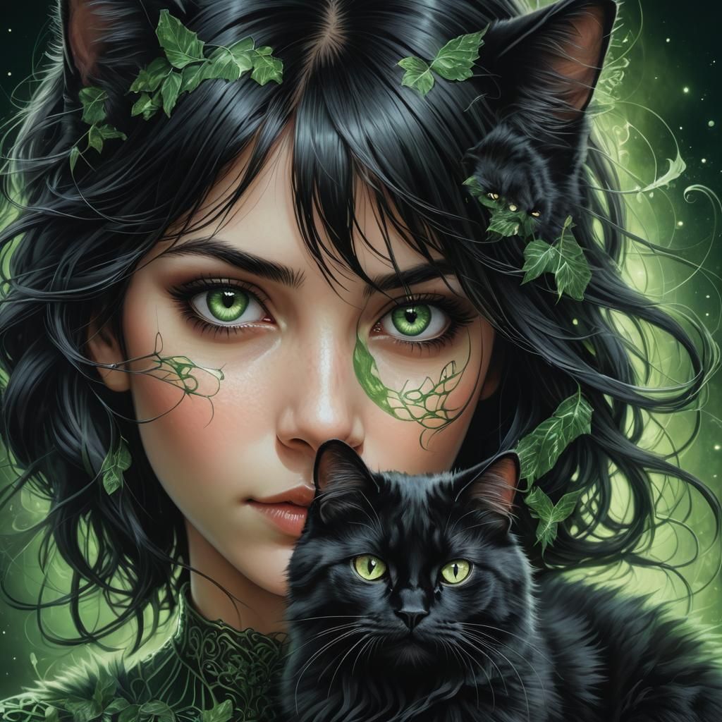 Double Exposure Portrait: Woman and Cat in Artgerm Style