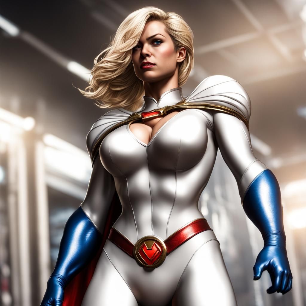 Hyperrealistic Power Girl in Detailed Bodysuit