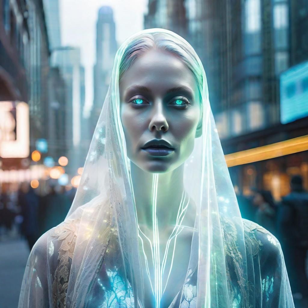 Ethereal Ghost Woman Portrait in Cityscape