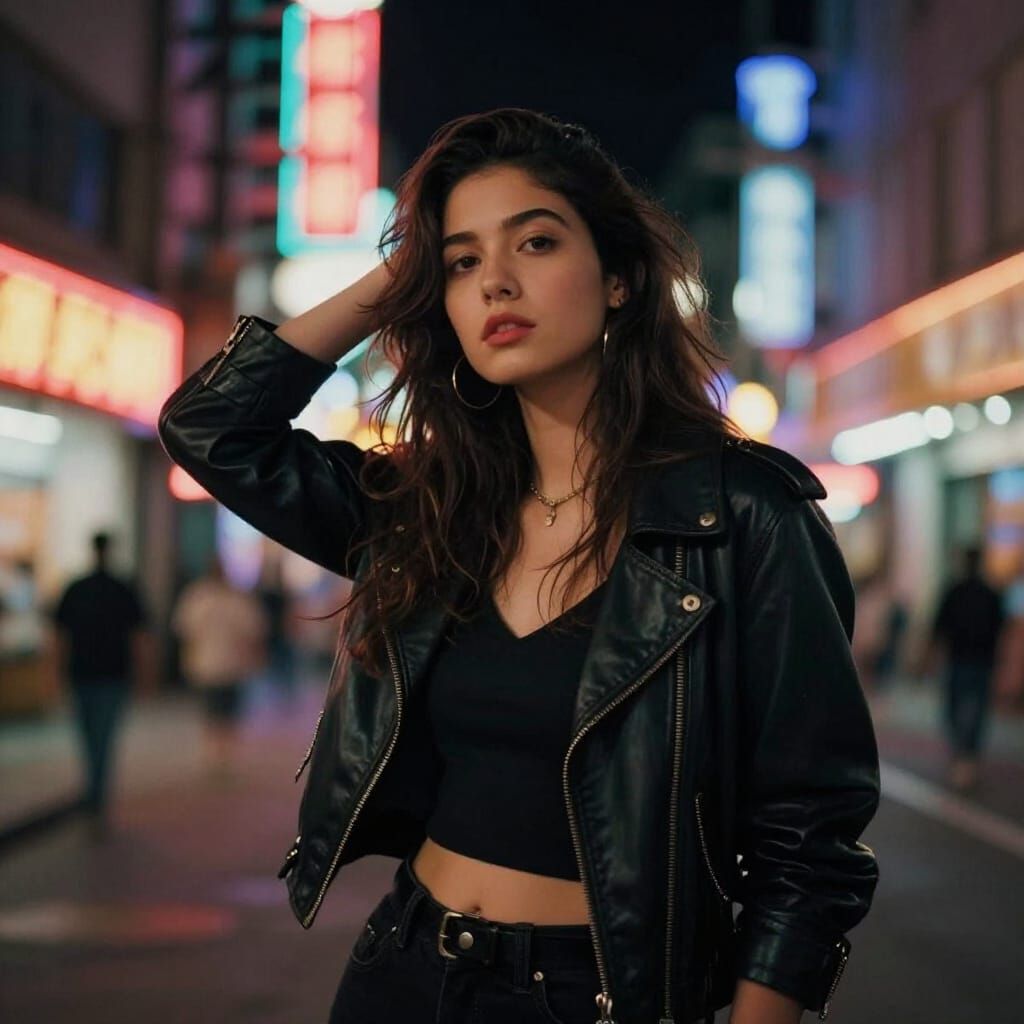Young Woman Fashion Pose in Neon City