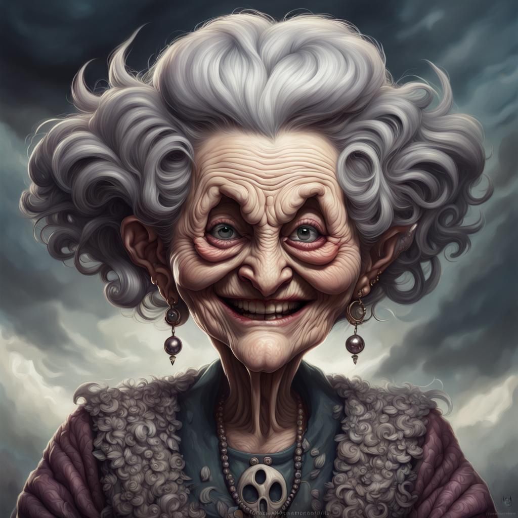 Mad Grandma with Evil Smile, Baroque Maximalist Style