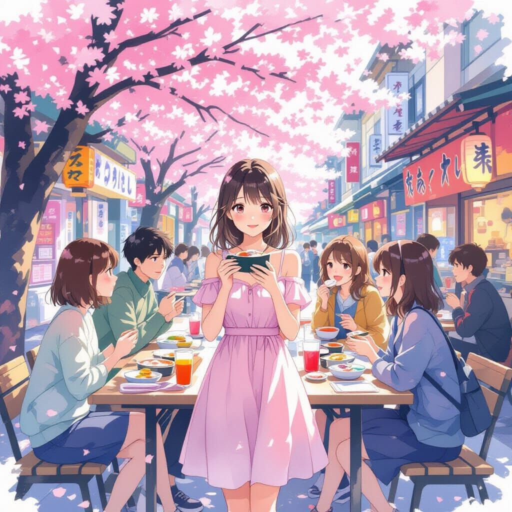 Anime Girl and Friends Enjoying Sushi in Tokyo