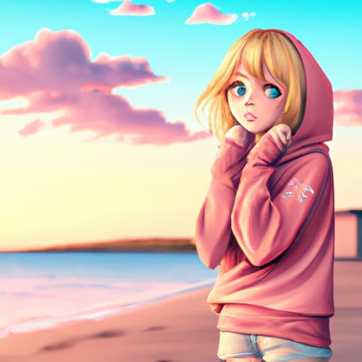 Anime-Style Girl on Beach at Sunset