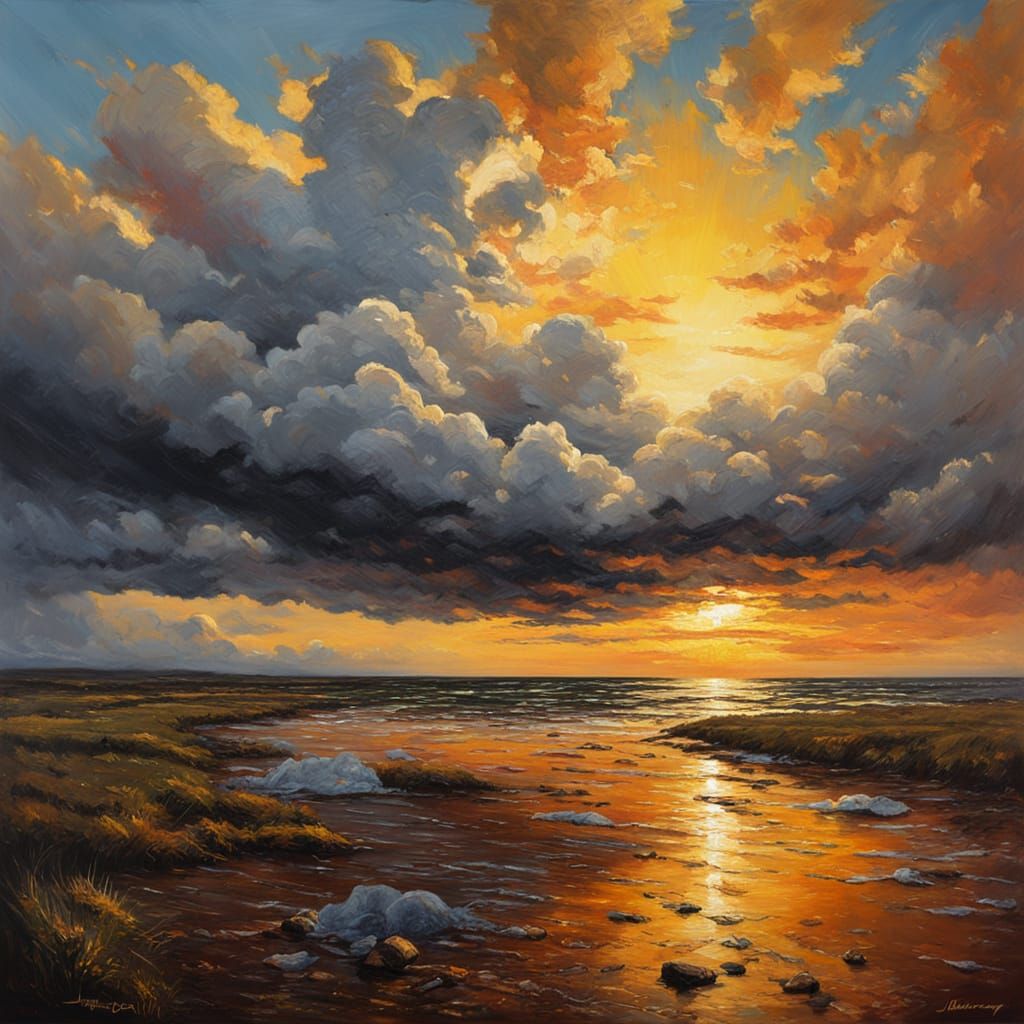 Oil Painting of Dramatic Clouds at Golden Hour Horizon