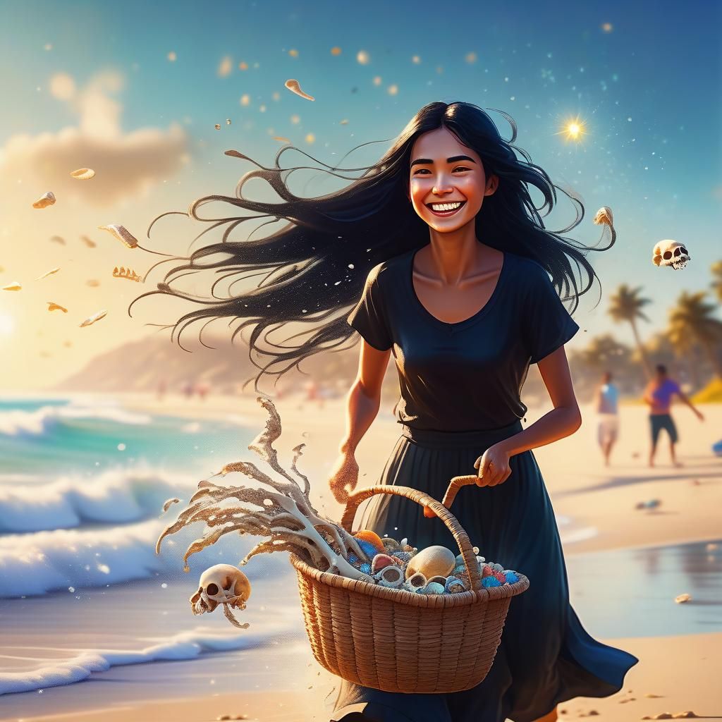 Woman Collecting Bones on Sunny Beach in Surreal Style