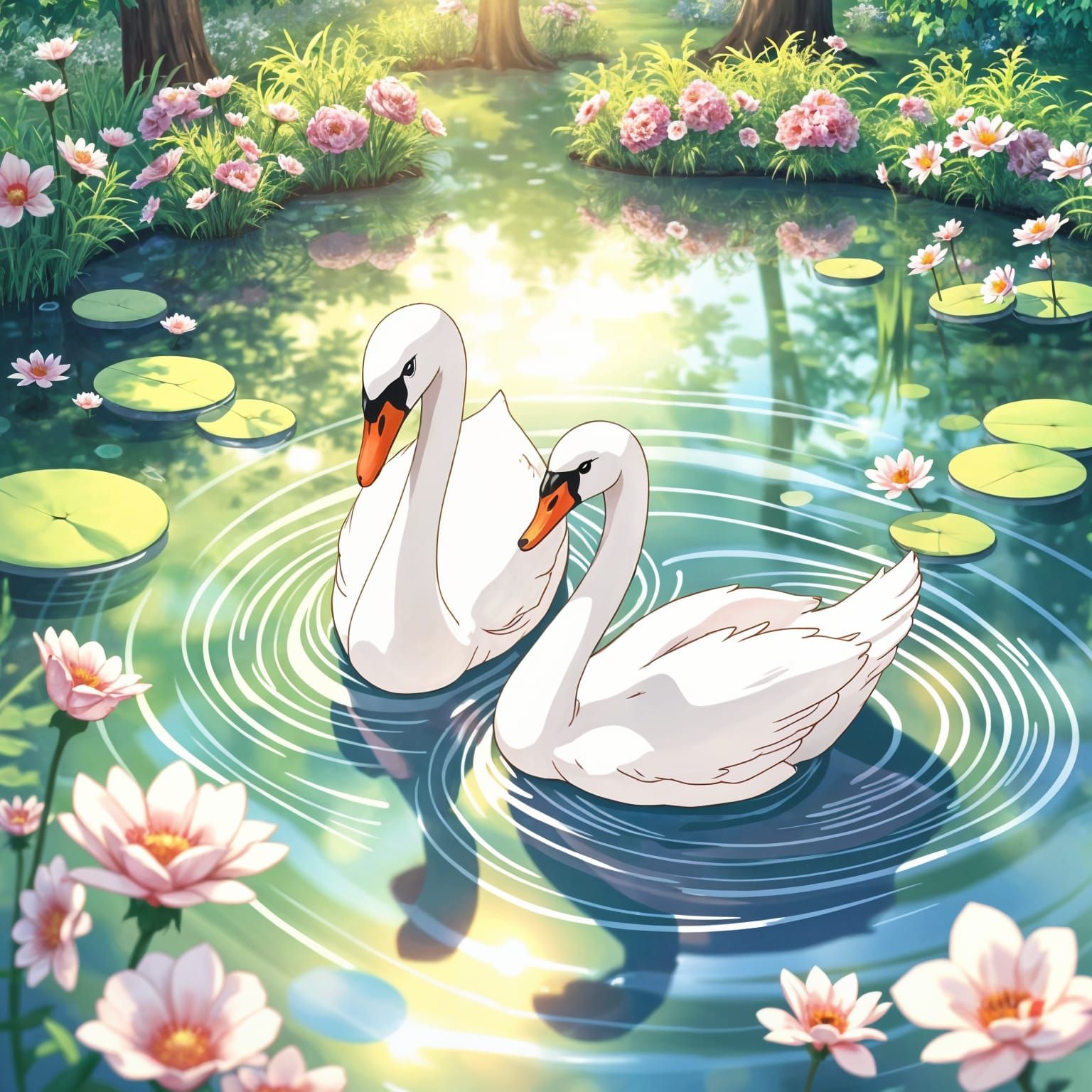 Whimsical Swan Lovers in a Vibrant Japanese Pond