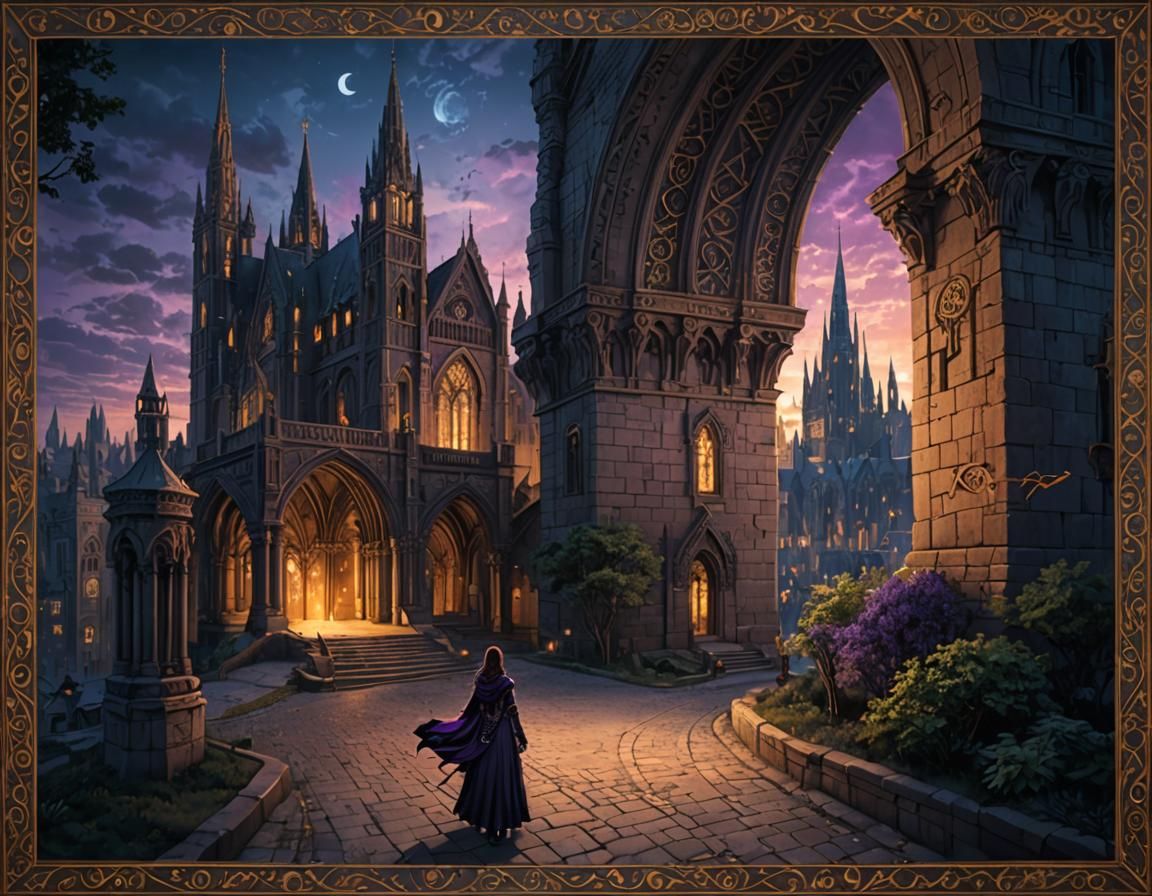 Mystical Woman in Gothic Cityscape at Twilight