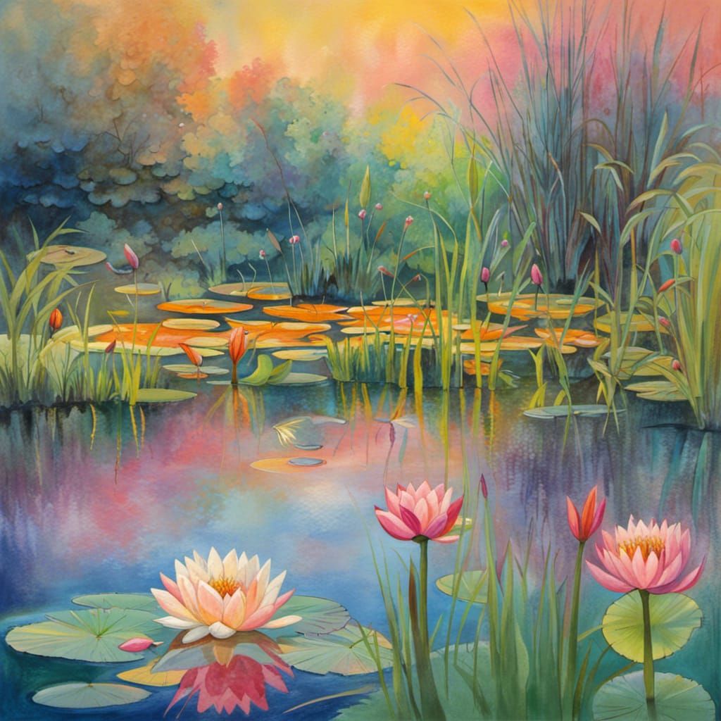 Colorful Pond with Water Lilies and Bulrush
