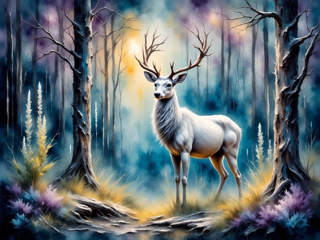 Enchanted White Stag Amidst Glowing Crystals
