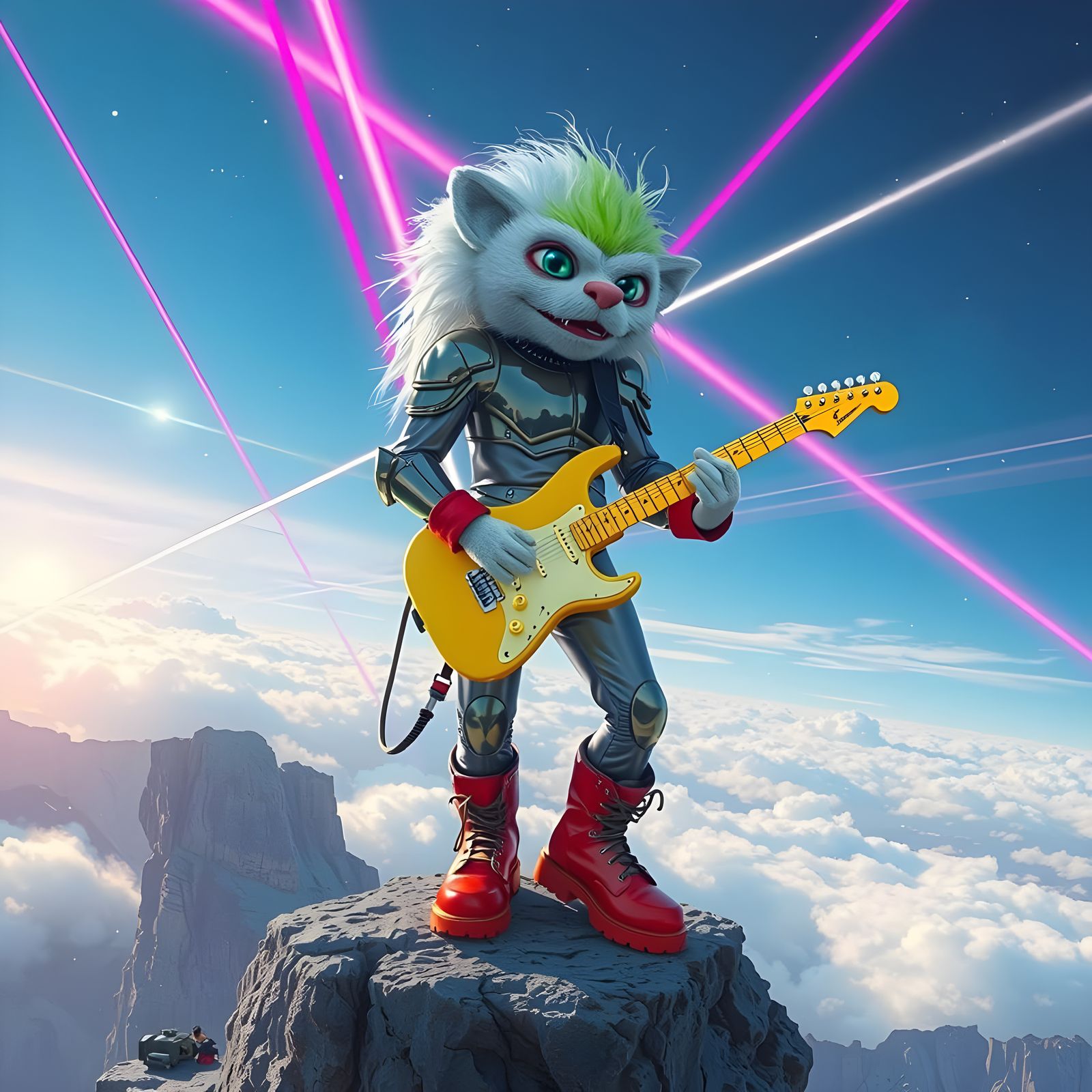 Neon Muppet Guitarist on a Cliff in Sci-Fi Style