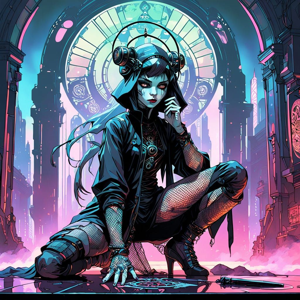 Gothic Cyberpunk Queen in Misty, Neon-Lit Landscape