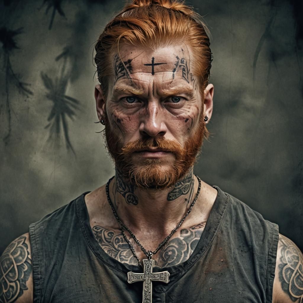 Hyperrealistic Portrait of a Ginger-Bearded Man on Cross