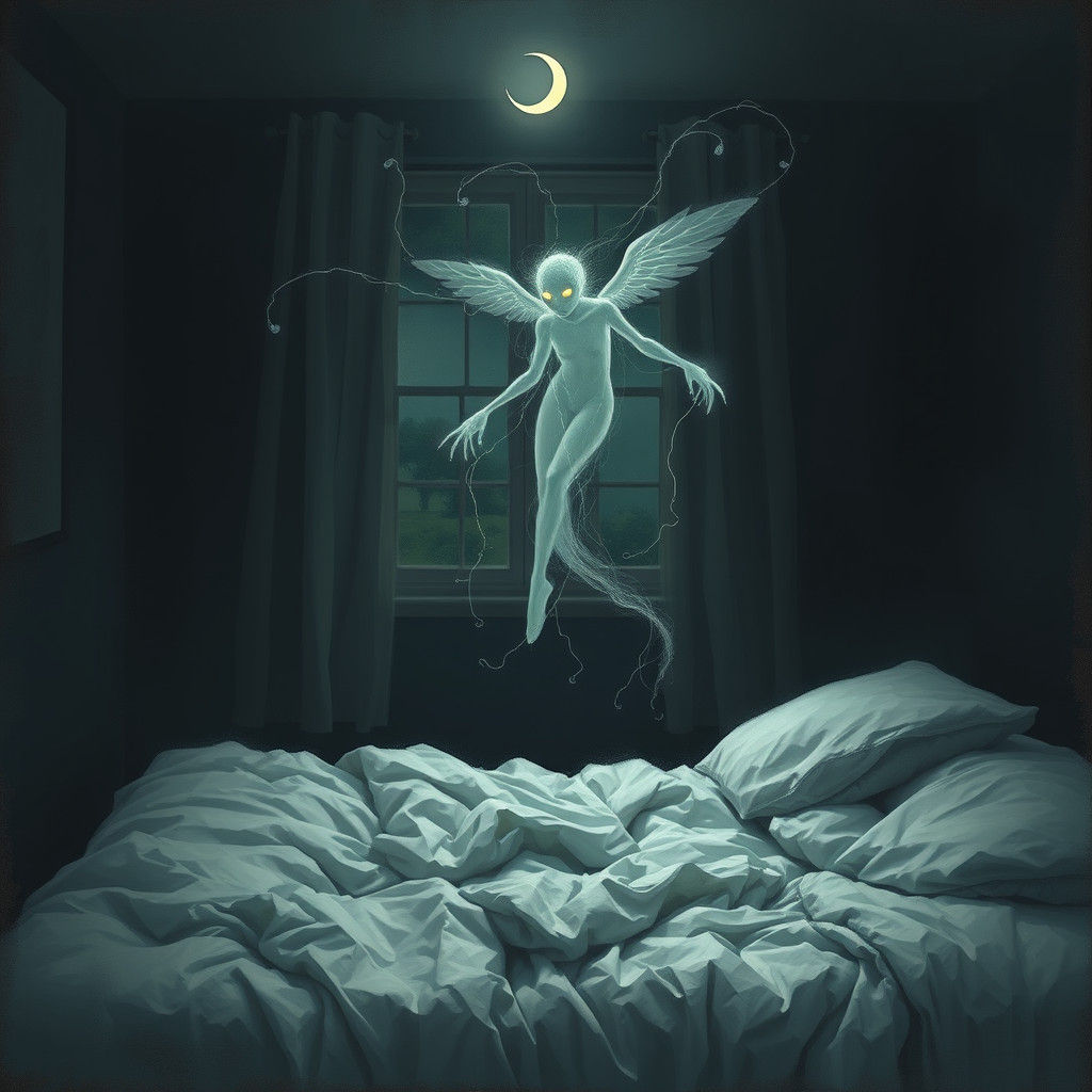 Ethereal Spirit in Moonlit Bedroom, Digital Art