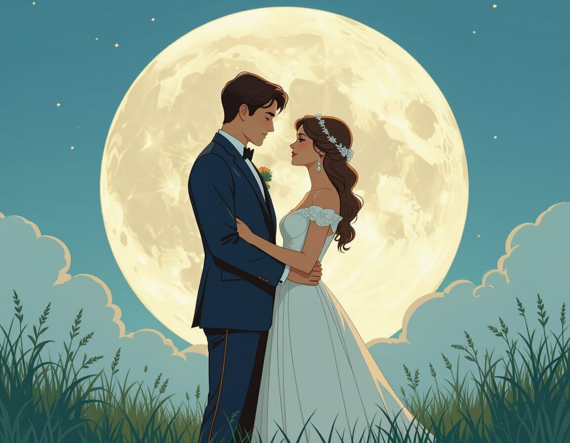 Romantic Vows Under the Moon in Art Nouveau Style