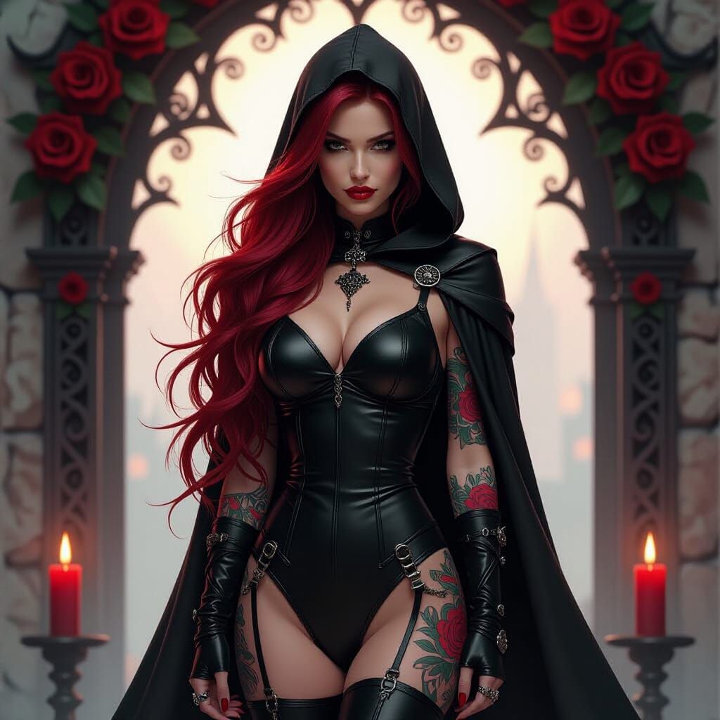 Gothic Woman with Crimson Hair in Digital Art Style