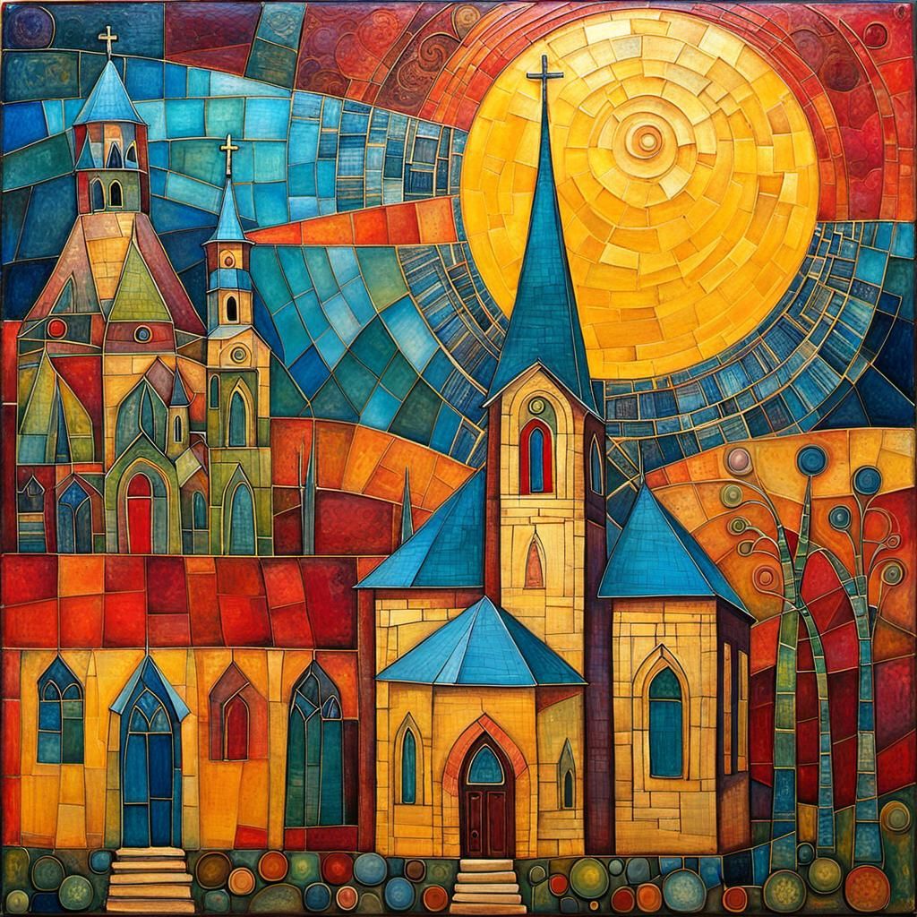 Encaustic Church Inspired by Klee and Silivonchik