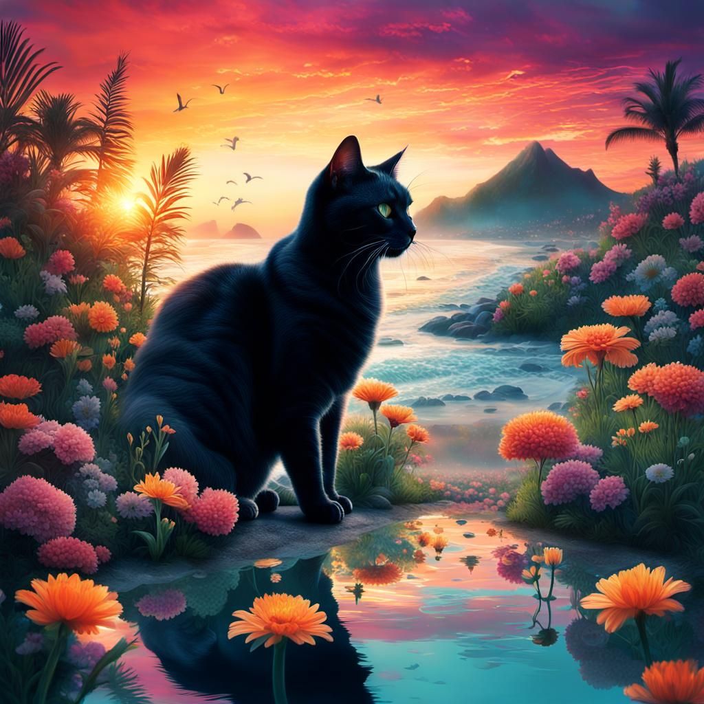 Double Exposure Cat Silhouette Sunset Beach Flower Garden