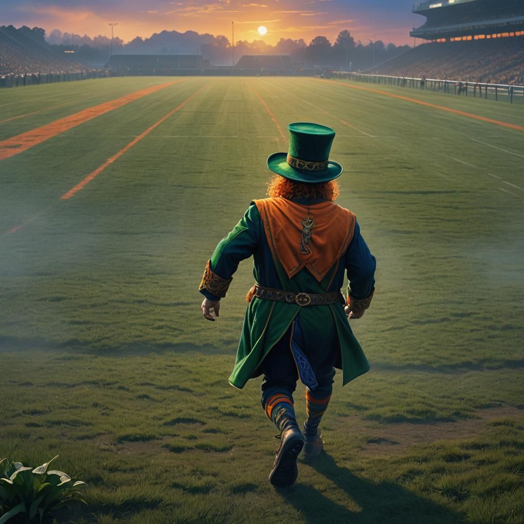 Leprechaun Runs on Football Field: Digital Fantasy Art