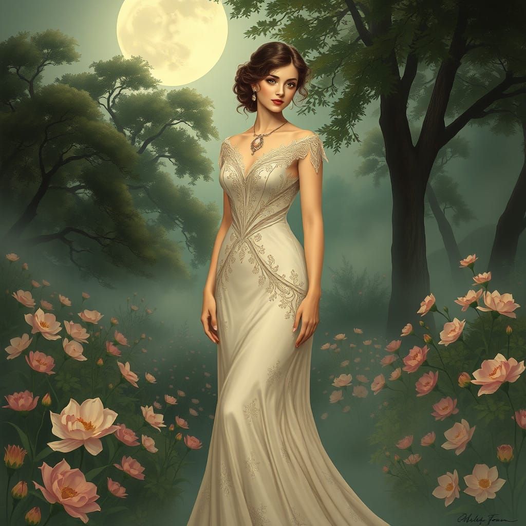 Ethereal Victorian Beauty in a Dreamy Moonlit Garden