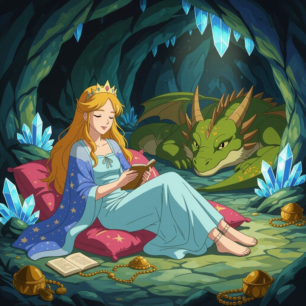 Anime Princess Relaxing in Dragon Cave with Dragon