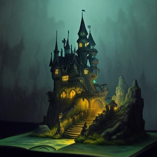 Miniature Haunted Houses Diorama in Watercolor Style