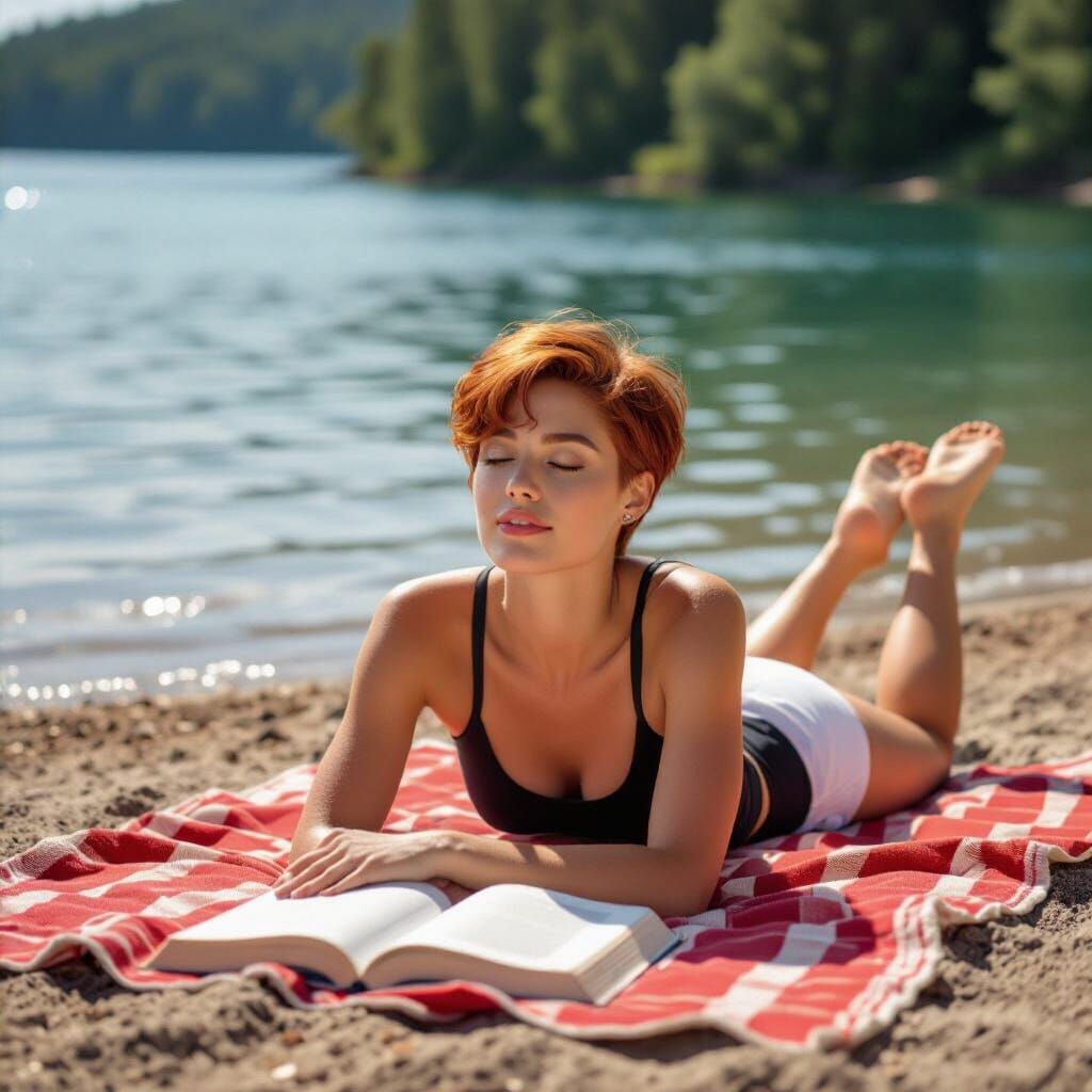 Sporty Woman Relaxing Lakeside, Professional Portrait Photog...