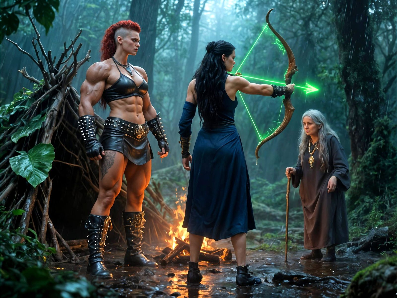 Muscular Amazon Warrior in Misty Forest