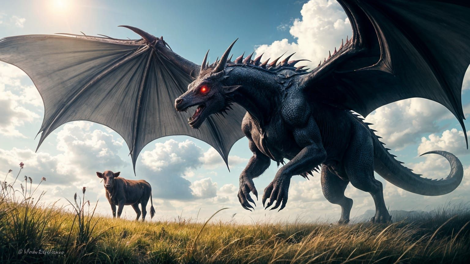 Majestic Dragon Stalks a Serene Cow in a Lush Fantasy Landsc...