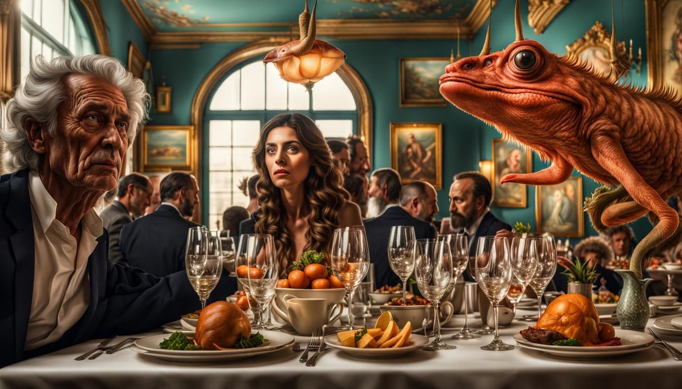 Surreal Bistro Scene with Bizarre Creatures in Photorealism