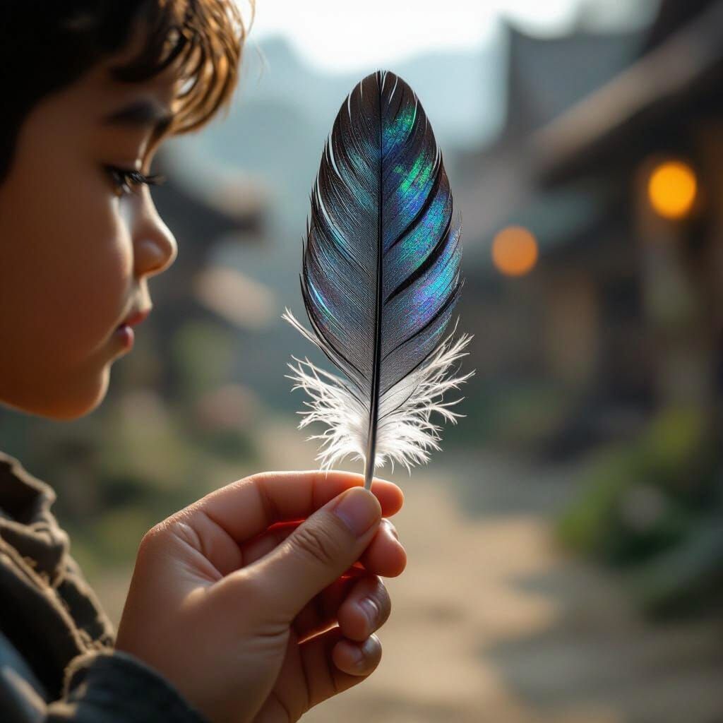 Boy's Hand Gently Holds Iridescent Feather