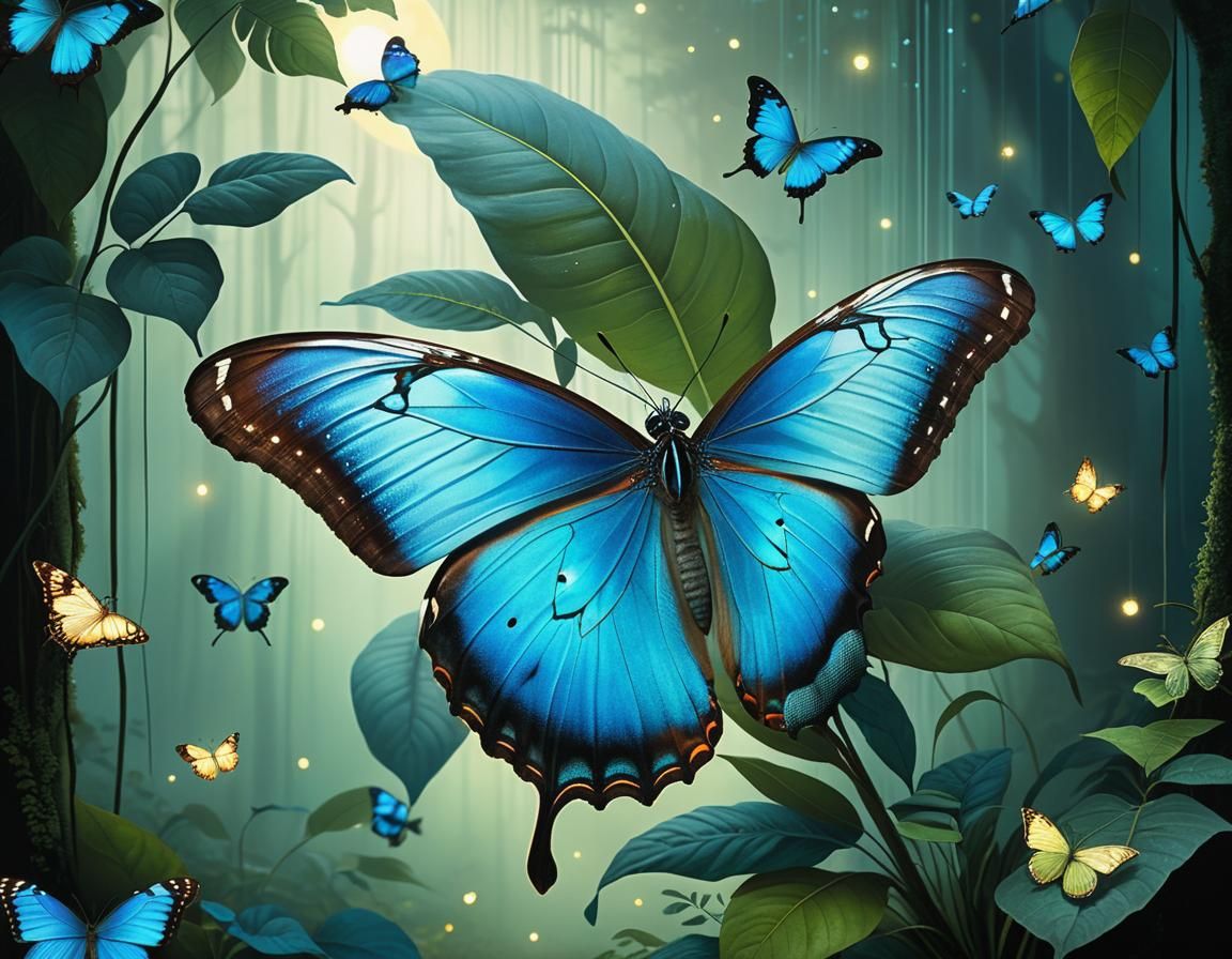 Blue Morpho Butterfly in Rainforest Illustration