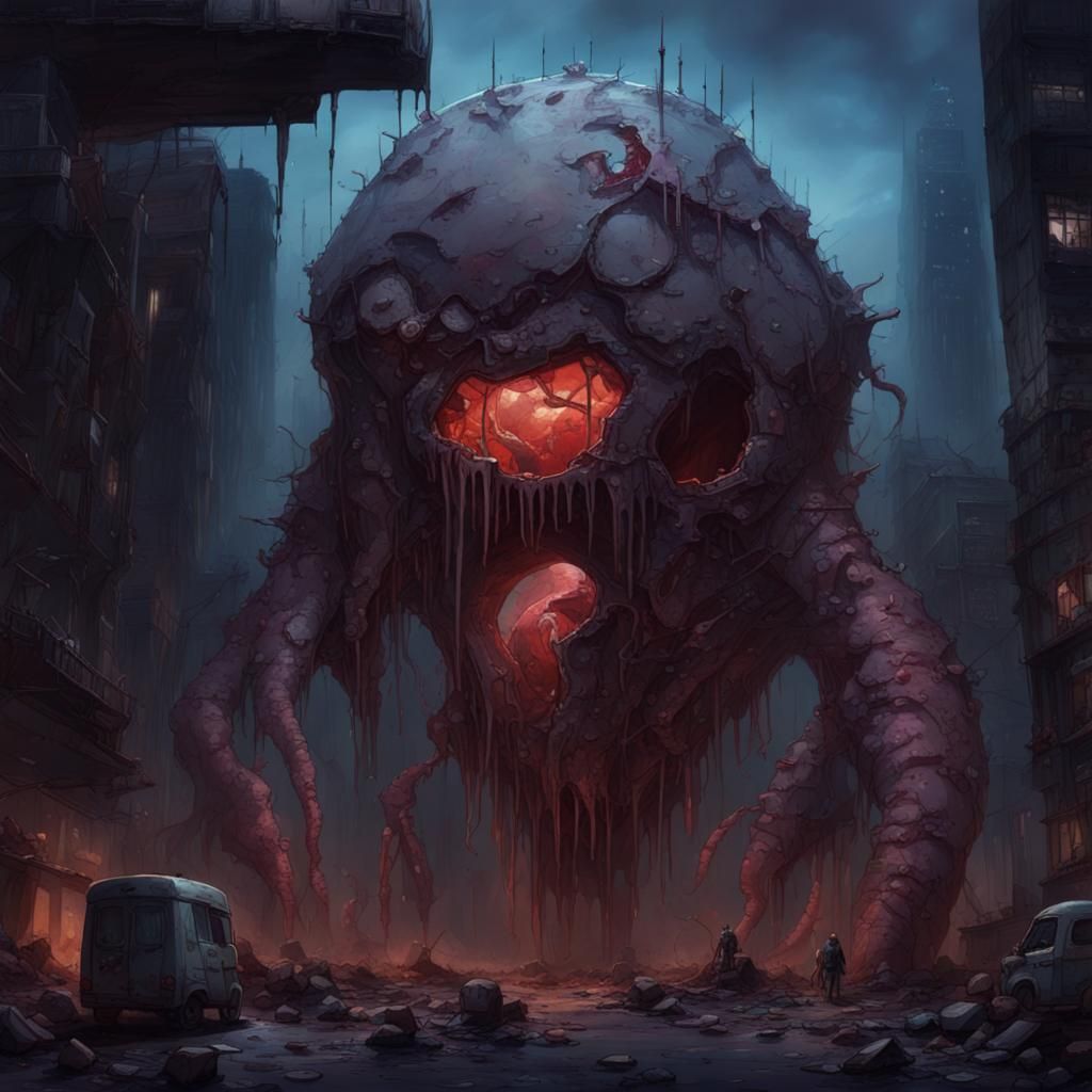 Grotesque Metal-Clad Creature in Ruined Cityscape