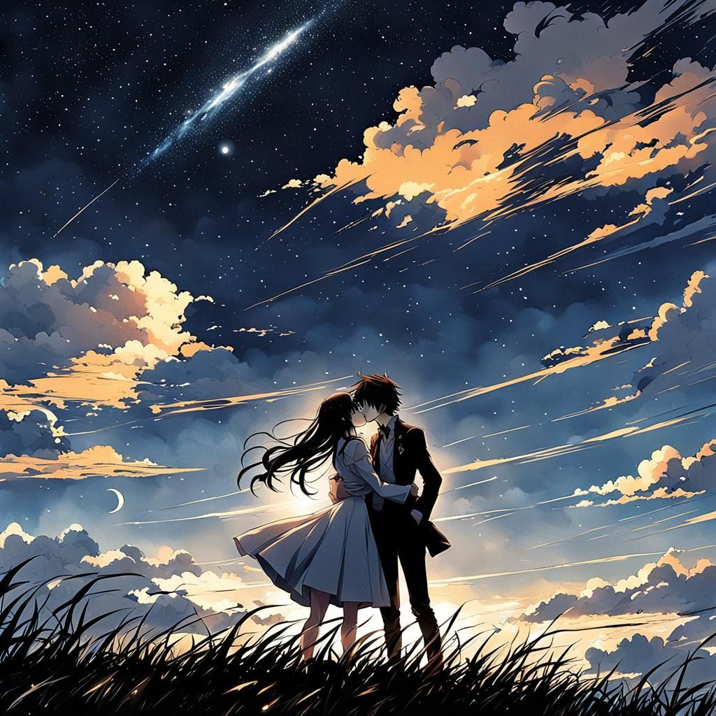 Anime Style: Two Men Kissing at Midnight