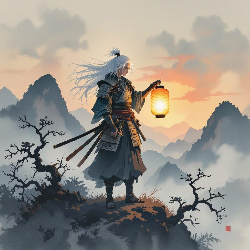 Samurai with Lantern on Misty Peak: Ink Wash Art
