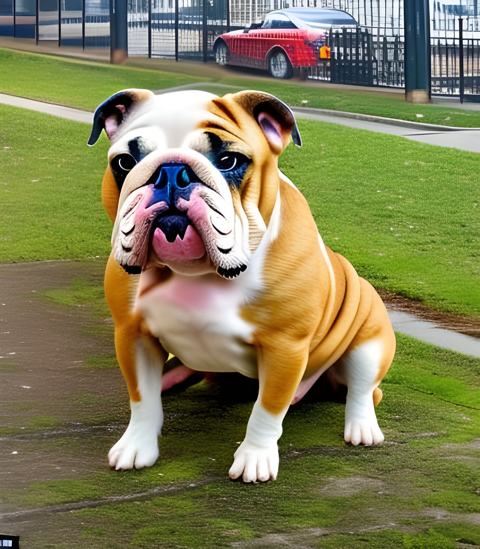 Photorealistic bulldog sitting down wearing a spiked leather collar