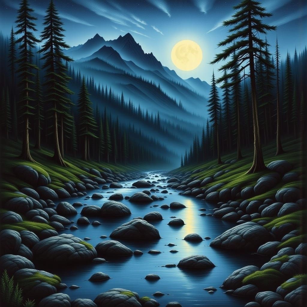 Moonlit Winter Waterfall in a Futuristic Landscape