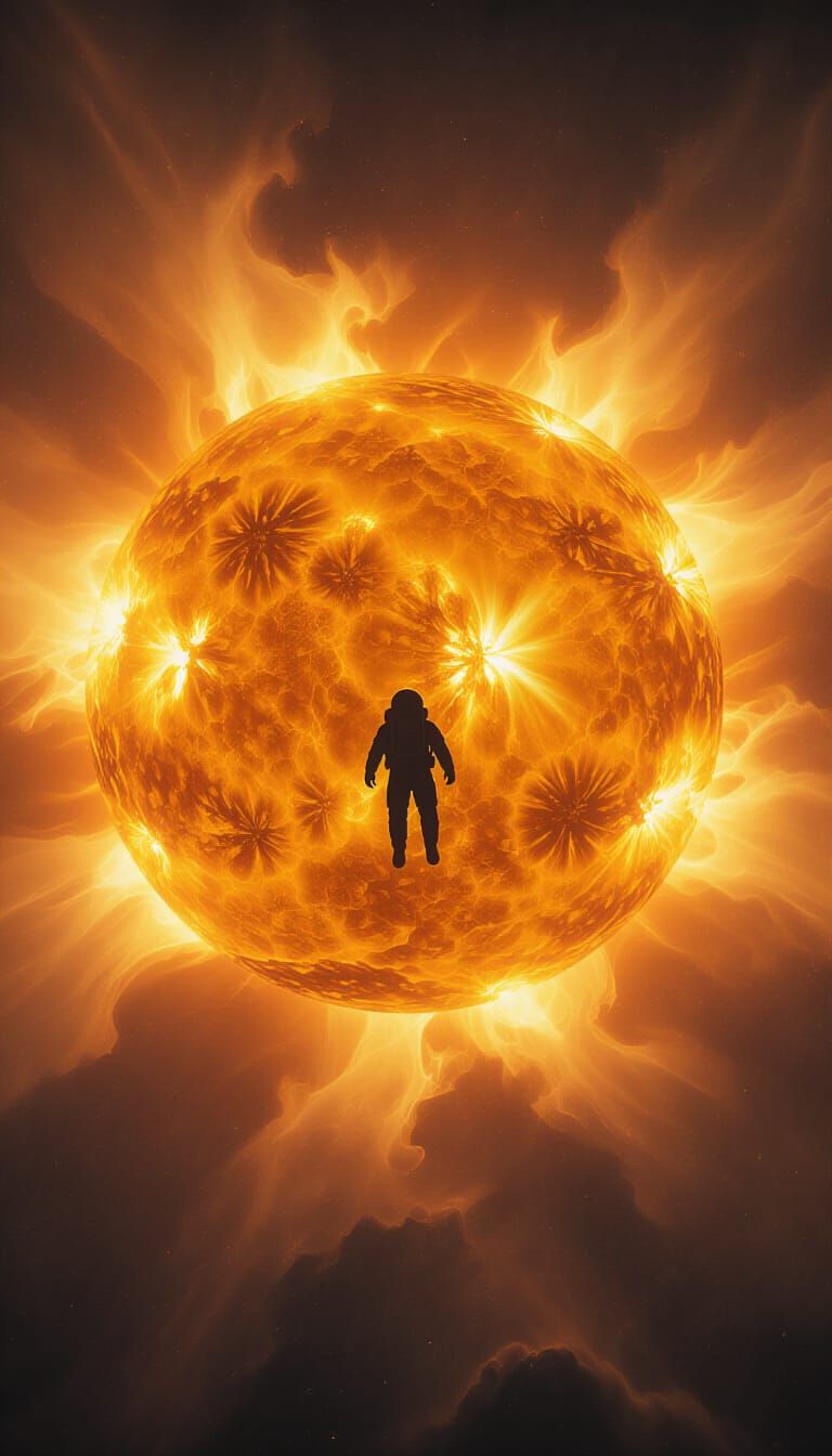 Astronaut Falls Towards Detailed Sun Surface in Digital Matt...