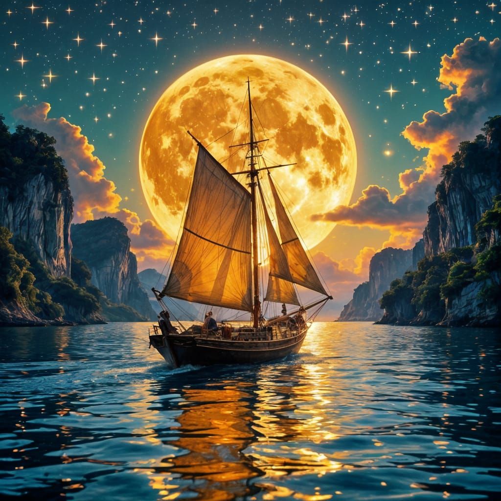 Sailboat in Summer Rain with Radiant Moon