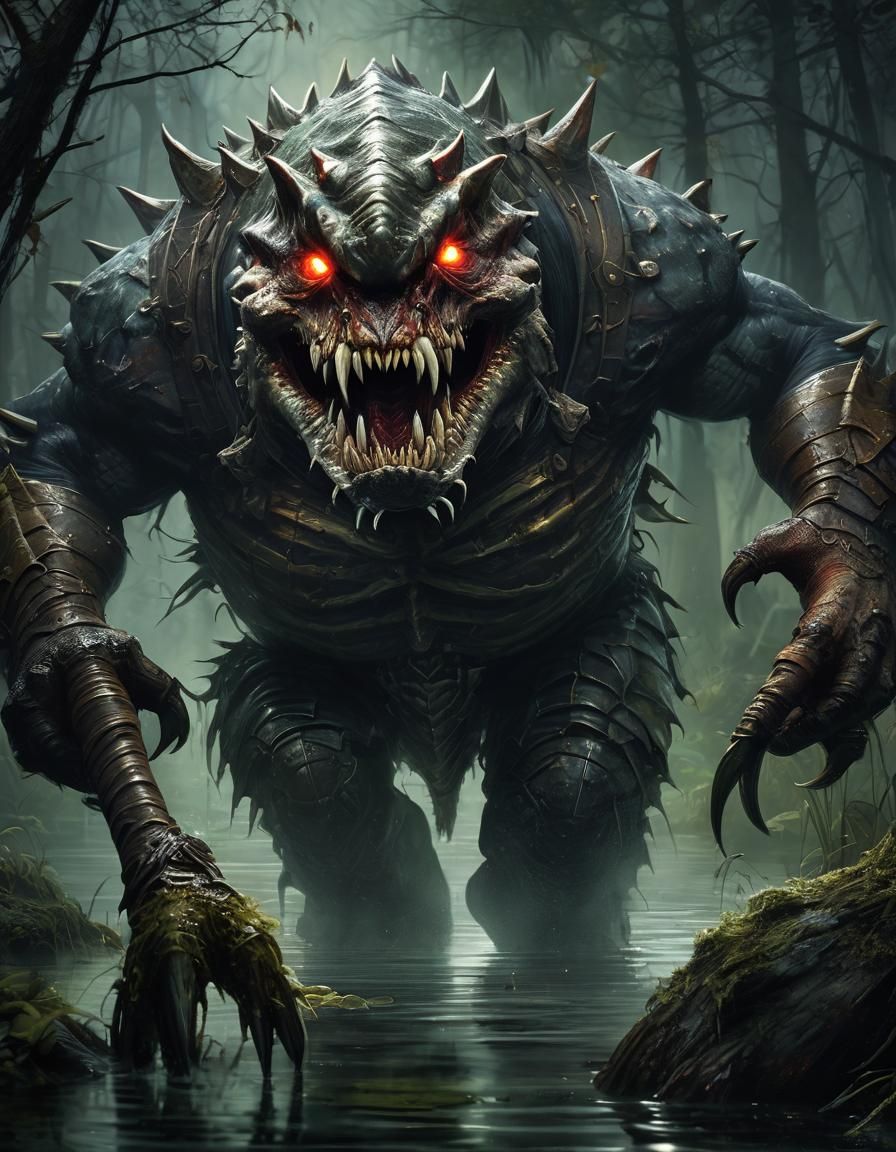 Monstrous Piranha Warrior in Dark Swamp: Fantasy Art
