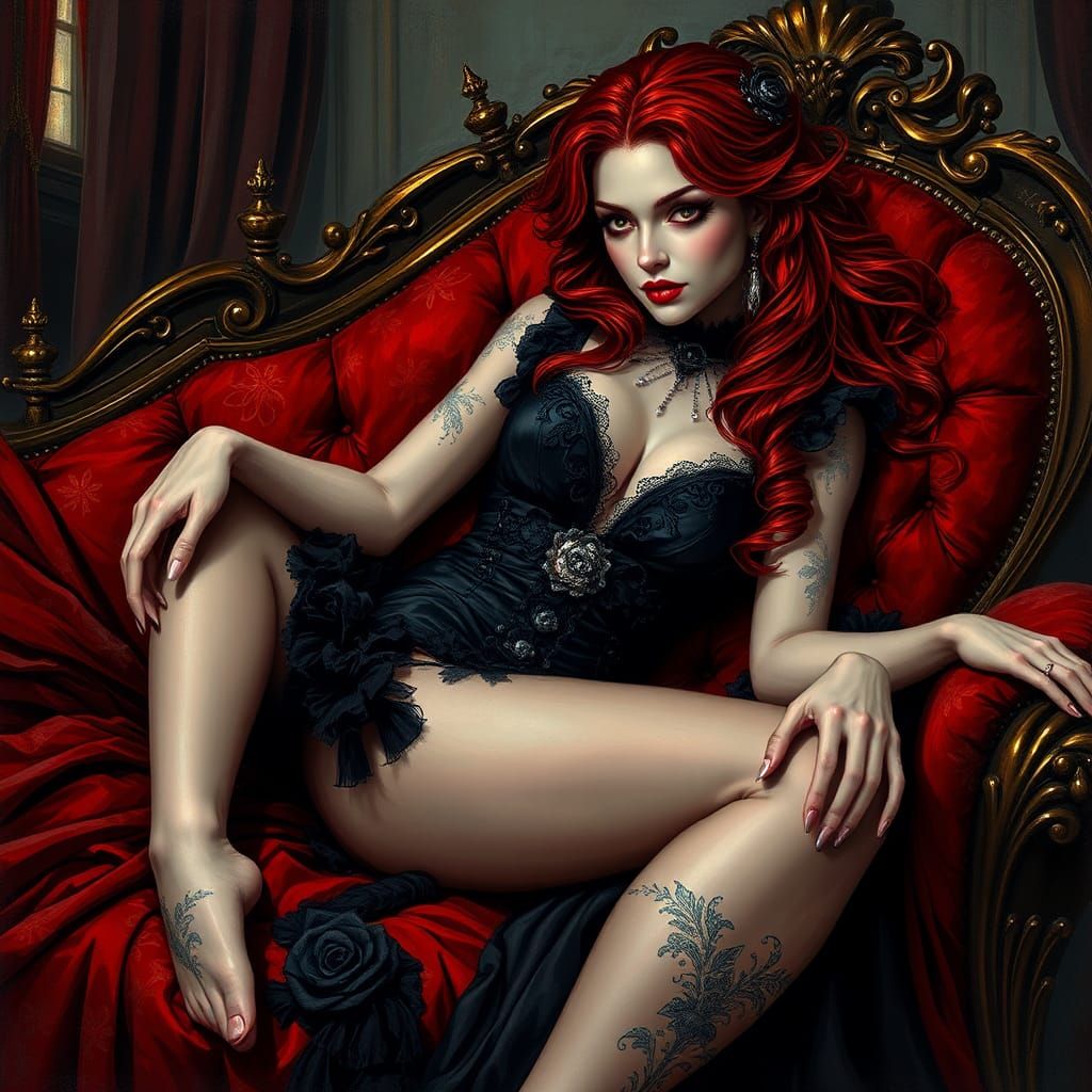 Gothic Vampire Lounging on Victorian Chaise in Hyper-Realism...