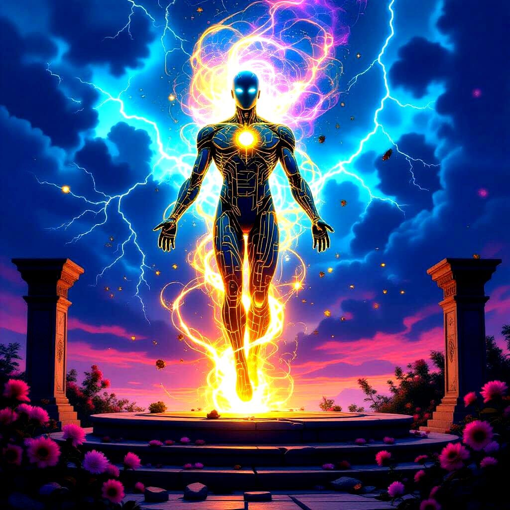 Nebula Humanoid with Golden Circuitry in Surreal Sky