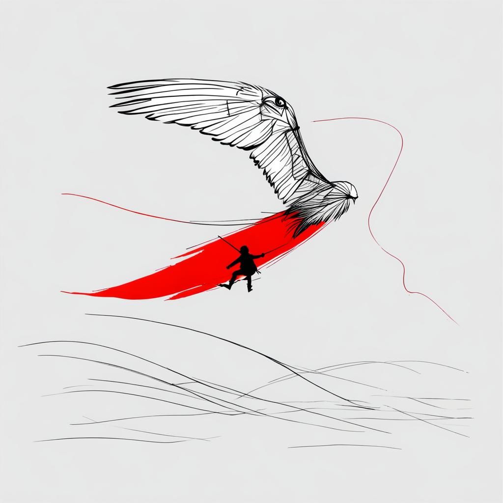 Minimalist Sketch of Boy with Red Kite