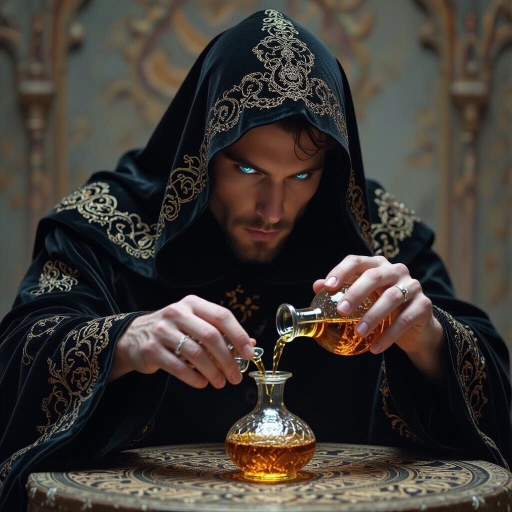 Figure Pouring Golden Liquid in Biomechanical Style