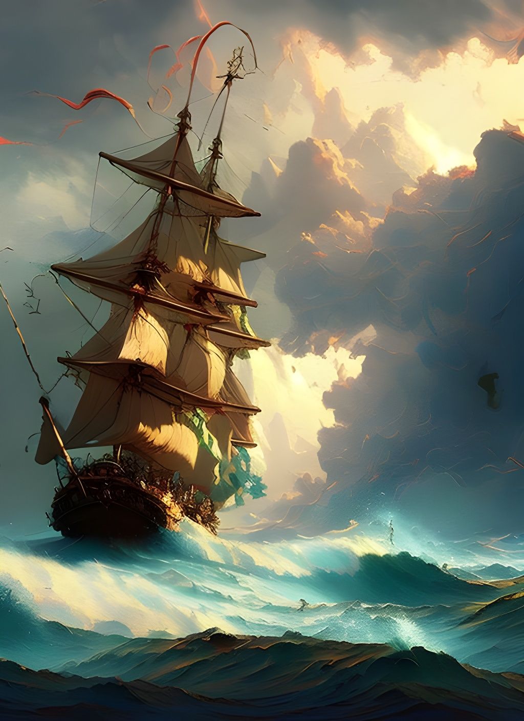 Sailing Ship Caught in Storm: Detailed Digital Art