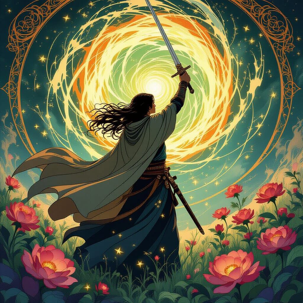 Swordsman in Ethereal Field of Flowers, Art Nouveau Style