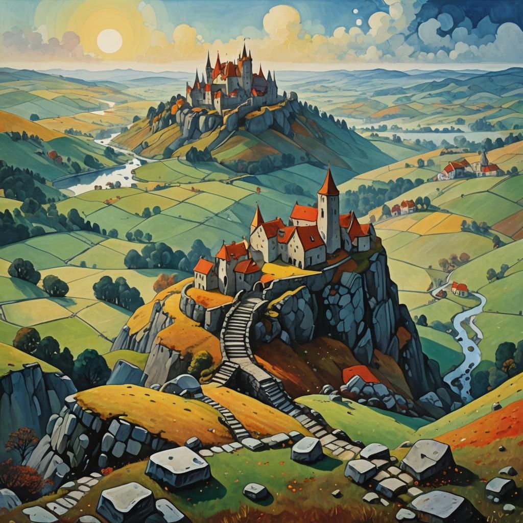Fantastical Castle Over Rolling Hills in Surreal Style