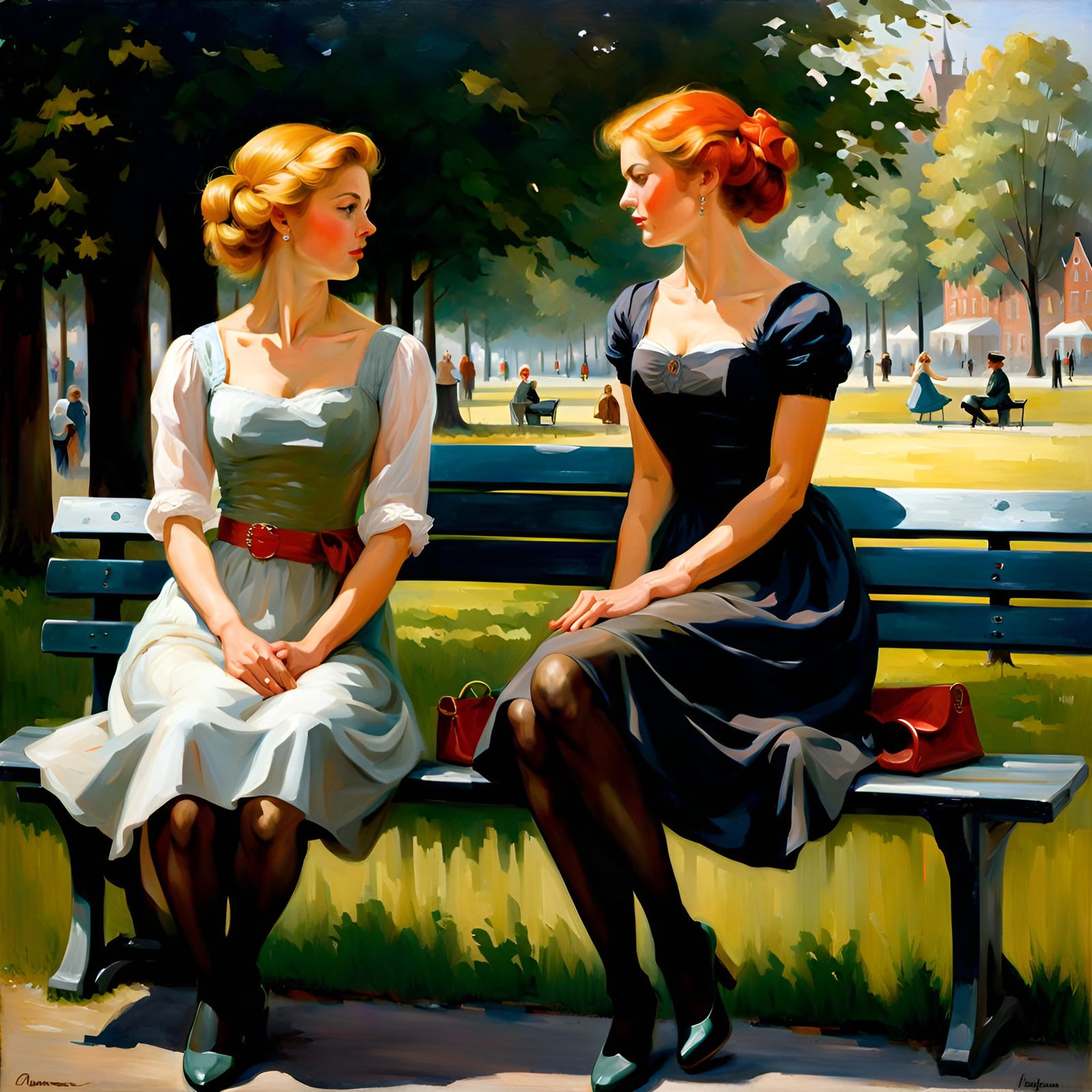 Two Girls on a Bench in Copenhagen, Oil Painting